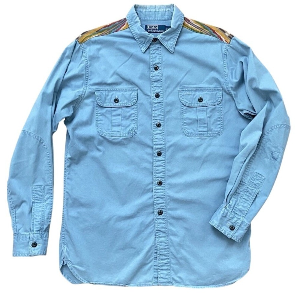 Polo Ralph Lauren Mens M Western Work Shirt Southwestern Serape Yoke Blue Cotton